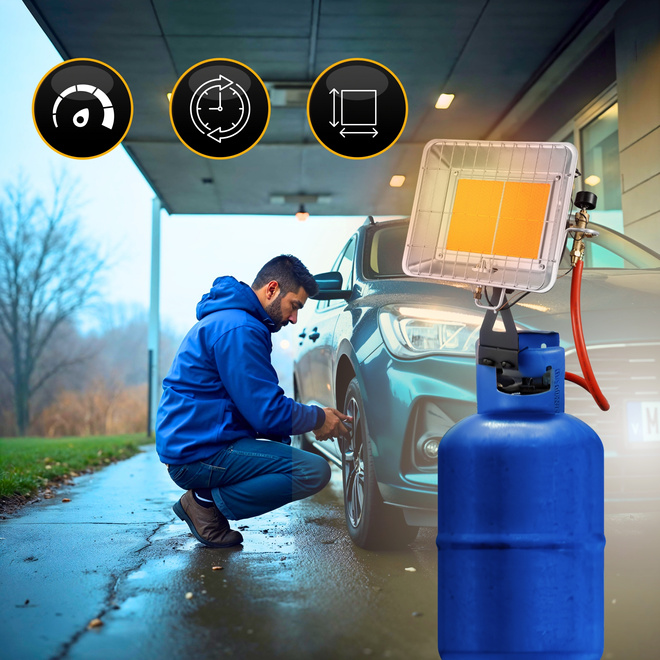 Promiennik gazowy słoneczko 4,5 kw uchwyt na butlę zapalnik PIEZO reduktor - Grzejnik gazowy na butlę z piezozapalnikiem, praca w plenerze