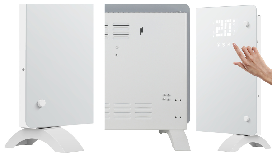 Biały Szklany Grzejnik Konwektorowy CH-25W Glow - Grzejnik elektryczny 2500 W z Wi-Fi i panelem LED – szybkie ogrzewanie do 30 m².