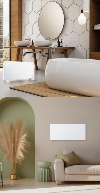 Biały Szklany Grzejnik Konwektorowy CH-25W Glow - Zdalne sterowanie przez aplikację Tuya / Smart Life – kontrola temperatury z telefonu.