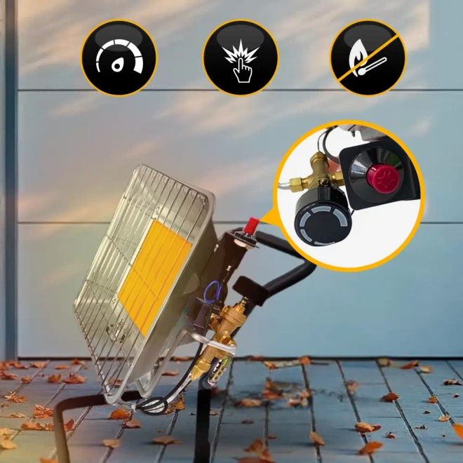 Promiennik gazowy słoneczko 4,5 kw uchwyt na butlę zapalnik PIEZO reduktor - Czujnik niedoboru tlenu ODS – automatyczne odcięcie gazu w razie potrzeby.