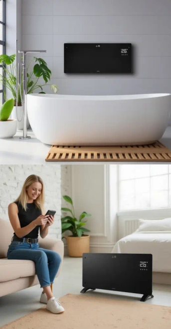 Grzejnik elektryczny szklany konwektorowy Glow 2500W LED WiFi Tuya czarny - Grzejnik z hartowanym frontem i dotykowym panelem LED – elegancki wygląd.