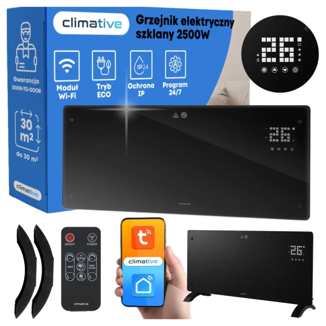 Grzejnik elektryczny szklany konwektorowy Glow 2500W LED WiFi Tuya czarny - Czarny szklany grzejnik konwektorowy 2500 W z panelem LED i Wi-Fi.
