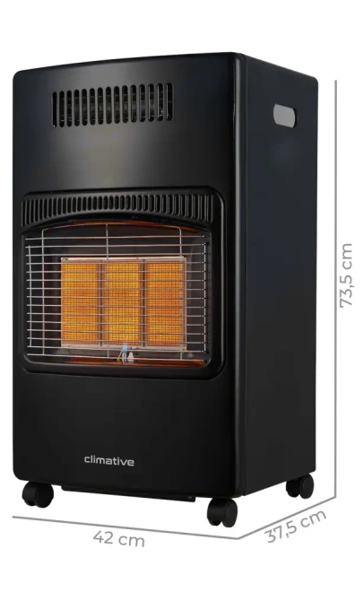 Piecyk gazowy na butlę 2w1 elektryczny grzejnik 5,8kW farelka reduktor 84m² - Wymiary 42 × 37 × 73 cm – kompaktowa konstrukcja z pełną mocą.