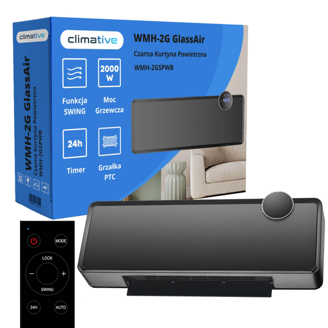 Grzejnik elektryczny WiFi 2000W farelka szklana kurtyna powietrzna GlassAir - Szklana kurtyna powietrzna z WiFi, pilotem i wyświetlaczem LED do szybkiego dogrzewania.