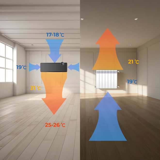 Grzejnik elektryczny WiFi 2000W farelka szklana kurtyna powietrzna GlassAir - Elegancki panel grzewczy ze szklanym frontem, czarny połysk, montaż ścienny.