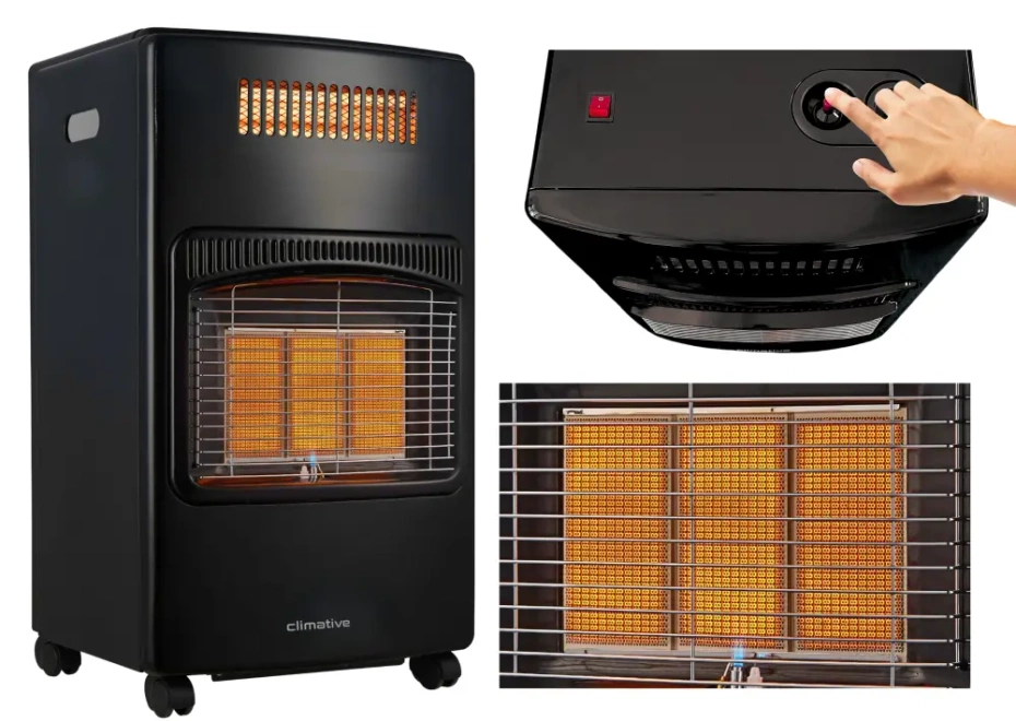 Piecyk gazowy na butlę 2w1 elektryczny grzejnik 5,8kW farelka reduktor 84m² - Czujnik przechyłu 15° – piecyk wyłącza się w razie przewrócenia.