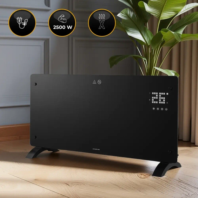 Grzejnik elektryczny szklany konwektorowy Glow 2500W LED WiFi Tuya czarny - Tryb ECO z funkcją otwartego okna – oszczędność energii przy wietrzeniu.