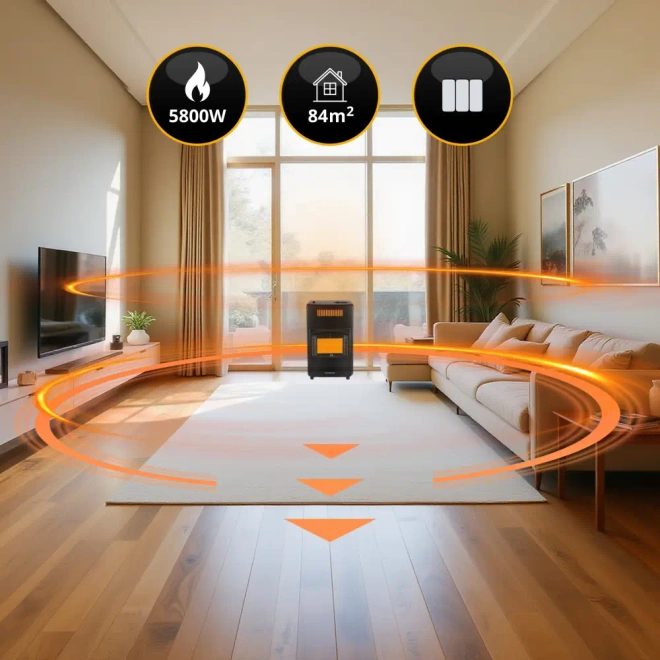 Piecyk gazowy na butlę 2w1 elektryczny grzejnik 5,8kW farelka reduktor 84m² - Piezoelektryczny zapalnik – bezpieczny start bez zapałek.