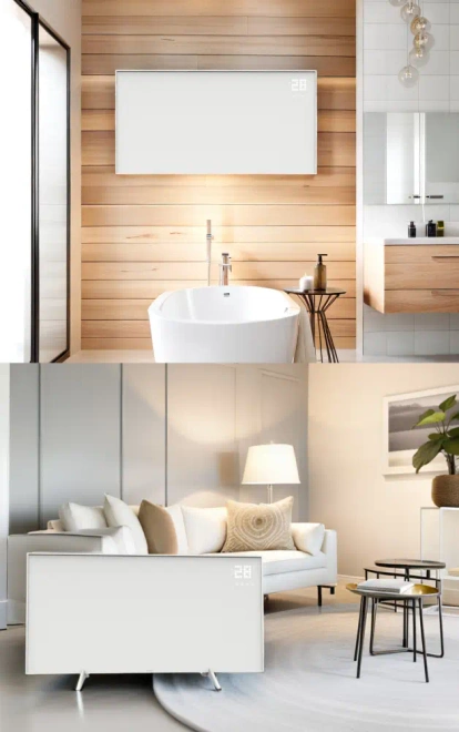 Panel grzewczy na podczerwień promiennik elektryczny WarmUp 770W WiFi LED - widok ogólny urządzenia na ścianie, elegancka biała obudowa z wyświetlaczem LED.