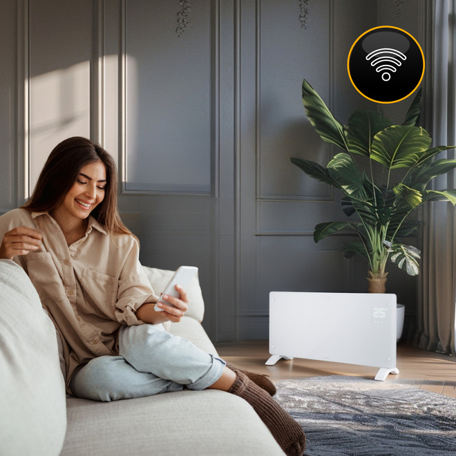 Biały Szklany Grzejnik Konwektorowy CH-25W Glow - Tryb komfortowy, ekonomiczny i antyzamarzaniowy – trzy poziomy pracy.