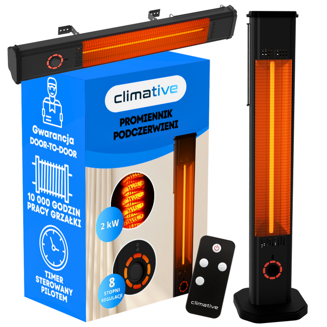 2w1 Promiennik podczerwieni ciepła tarasowy TOR 8 poziomów 2000W pilot - Promiennik podczerwieni 2000 W z żarnikiem węglowym – ciepło odczuwalne w sekundy.