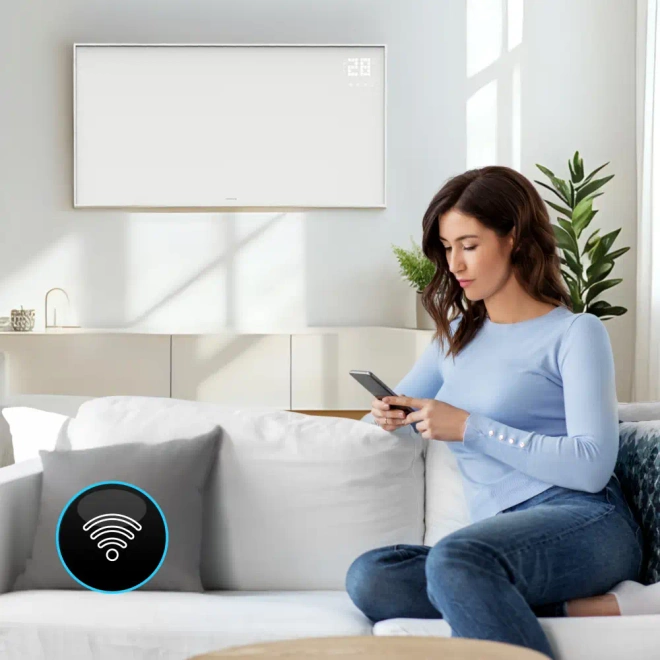 Panel grzewczy na podczerwień promiennik elektryczny WarmUp 770W WiFi LED - Infografika prezentująca tryby: ECO, harmonogram tygodniowy, timer 24h i blokadę rodzicielską.