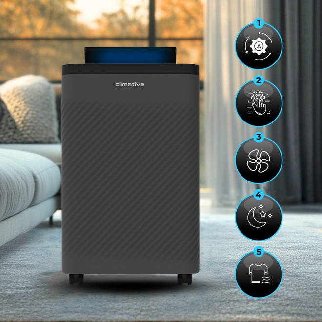 Oczyszczacz powietrza 100 m3 pochłaniacz wilgoci 12l Nexi UV ION  HEPA 20m² - Wskaźnik wilgotności: czerwony >70%, zielony 50–70%, niebieski <50%.