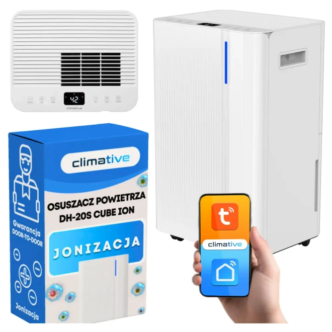 Osuszacz Powietrza Climative DH-20 Cube ION Pochłaniacz Wilgoci 20L WIFi - Osuszacz 20 l/24h z WiFi i jonizatorem, do 40 m², zbiornik 4,5 l, cicha praca 41 dB.