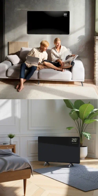 Szklany promiennik na podczerwień panelowy PrimeHeat 720W WiFi Tuya pilot - Elegancki grzejnik na podczerwień o mocy 720 W z czarnym, szklanym frontem.