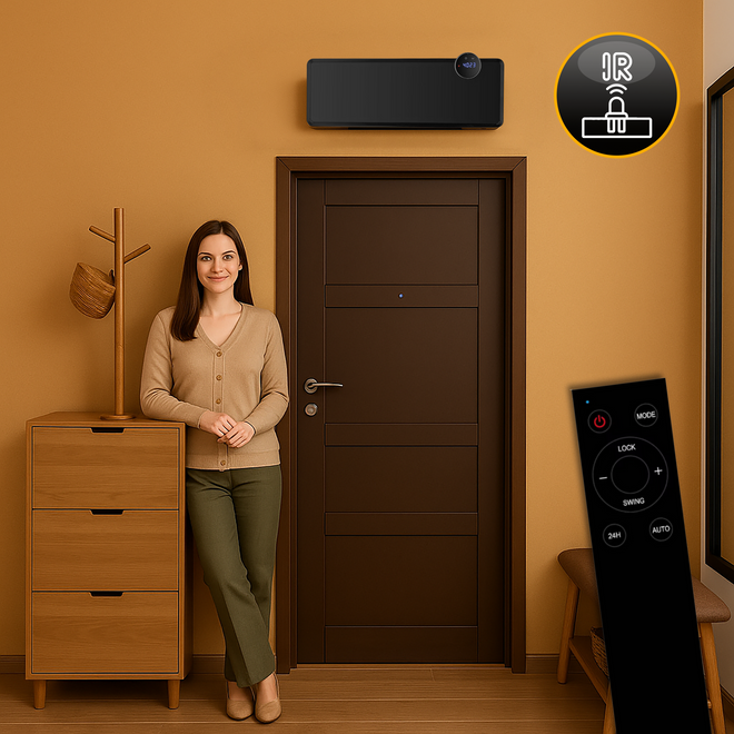 Grzejnik elektryczny WiFi 2000W farelka szklana kurtyna powietrzna GlassAir - Panel LED z dotykowym sterowaniem i blokadą rodzicielską dla bezpiecznej obsługi.