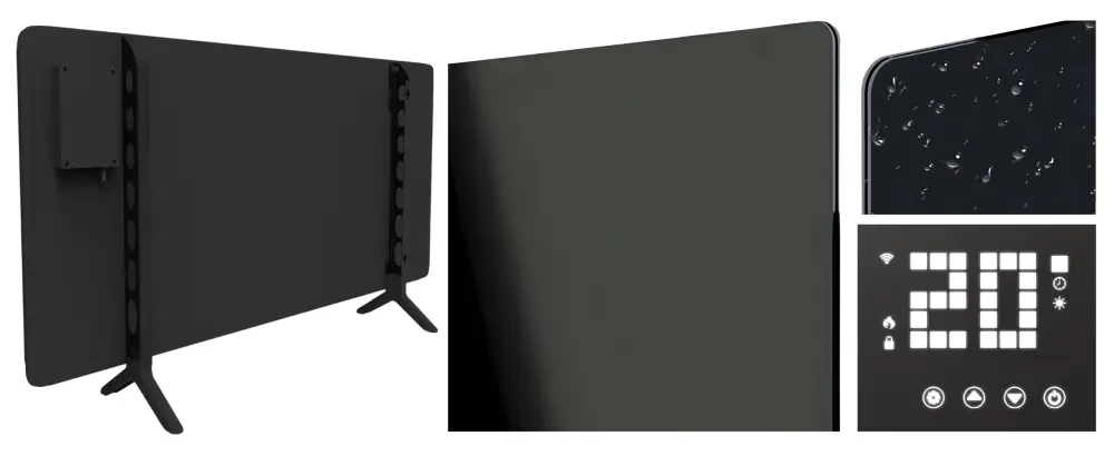 Szklany promiennik na podczerwień panelowy PrimeHeat 720W WiFi Tuya pilot - Nowoczesny grzejnik elektryczny z panelem LED i dotykowym sterowaniem.