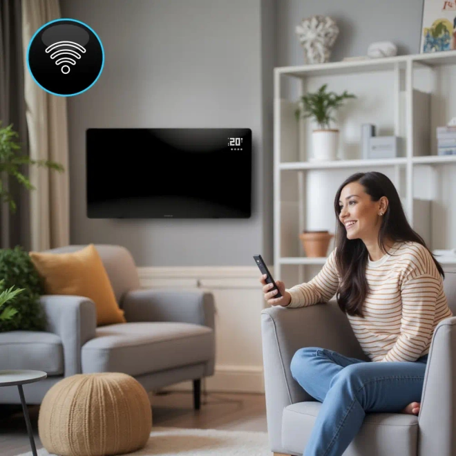 Szklany promiennik na podczerwień panelowy PrimeHeat 720W WiFi Tuya pilot - Grzejnik z trybem ECO i harmonogramem tygodniowym 7×24 h.