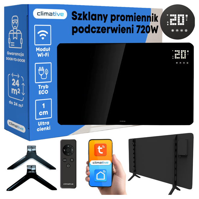 Szklany promiennik na podczerwień panelowy PrimeHeat 720W WiFi Tuya pilot - Szklany panel grzewczy z funkcją WiFi i pilotem do sterowania zdalnego.