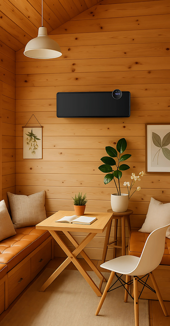 Grzejnik elektryczny WiFi 2000W farelka szklana kurtyna powietrzna GlassAir - Termowentylator z ceramiczną grzałką PTC 2000 W, dwa poziomy mocy i tryb nawiewu.