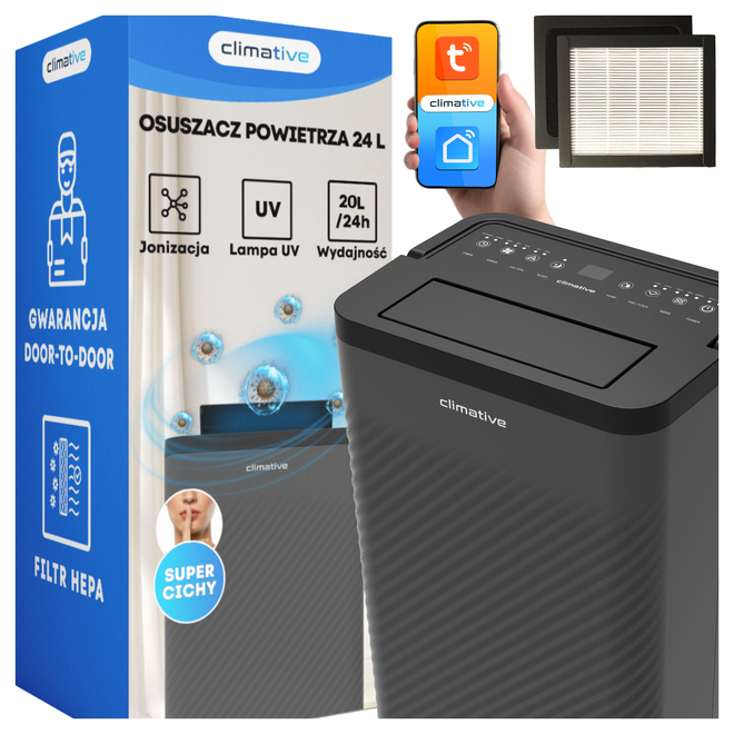 Oczyszczacz powietrza 170 m3 pochłaniacz wilgoci 24 l Nexi UV ION HEPA 40m² - Osuszacz i oczyszczacz powietrza 2w1 z Wi-Fi, HEPA H13 i filtrem węglowym.