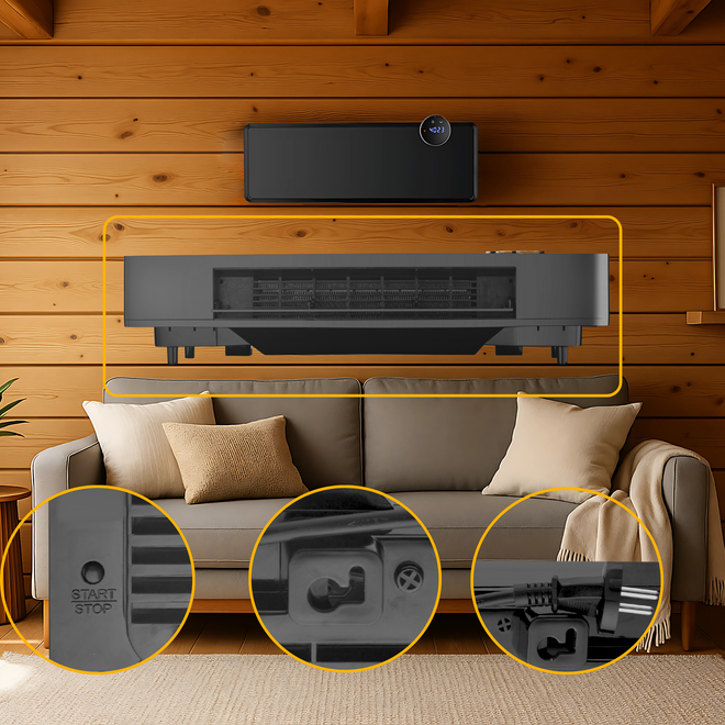 Grzejnik elektryczny WiFi 2000W farelka szklana kurtyna powietrzna GlassAir - Szklany panel hartowany o nowoczesnym wyglądzie, ukryta grzałka i dyskretny panel.