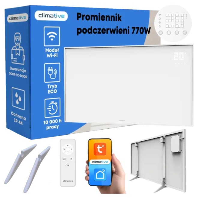 Panel grzewczy na podczerwień promiennik elektryczny WarmUp 770W WiFi LED - cichy, bezpieczny, z blokadą rodzicielską.