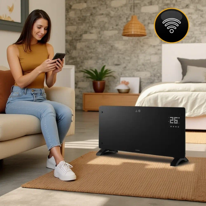 Grzejnik elektryczny szklany konwektorowy Glow 2500W LED WiFi Tuya czarny - Timer 24 h – ustaw czas pracy i automatyczne wyłączenie.