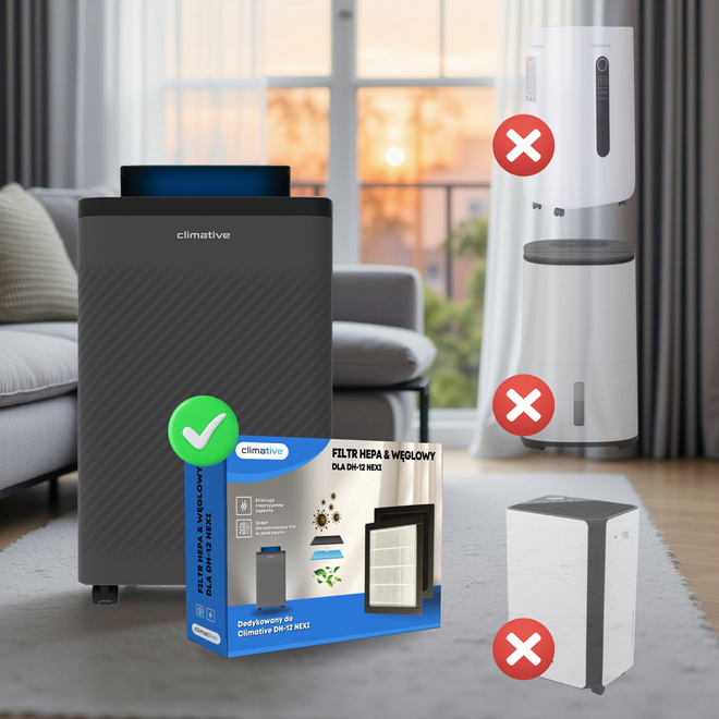 Kaseta filtracyjna filtr HEPA H10 do osuszacza powietrza DH-12 Nexi ION UV - obok Nexi DH-12