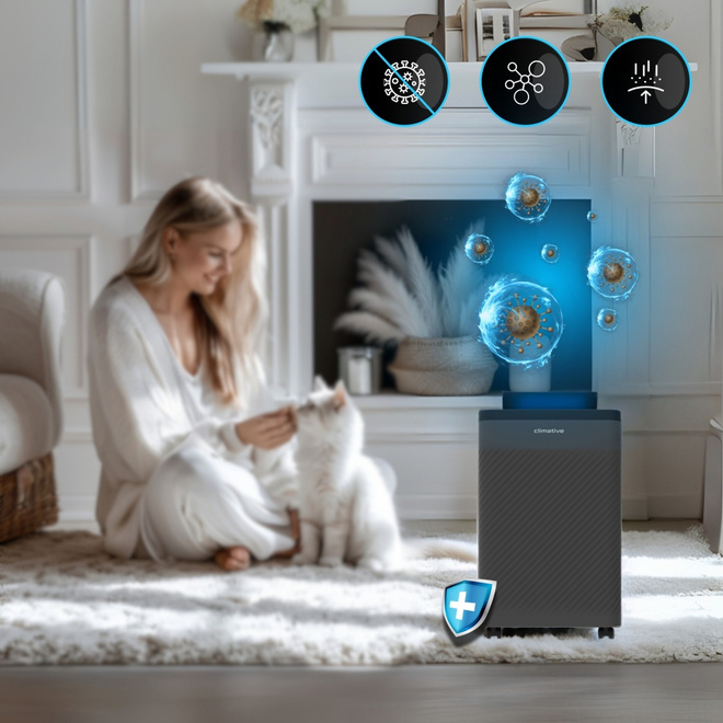 Oczyszczacz powietrza 100 m3 pochłaniacz wilgoci 12l Nexi UV ION  HEPA 20m² - Filtr HEPA H10 zatrzymujący kurz, pyłki i roztocza – kaseta w zestawie.