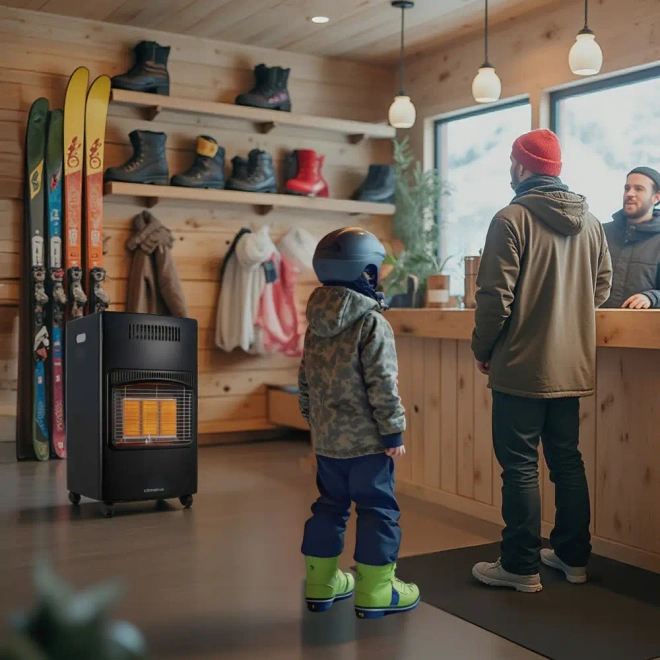 Piecyk gazowy na butlę 2w1 elektryczny grzejnik 5,8kW farelka reduktor 84m² - Niskie zużycie gazu – 110 g/h przy 1500 W, oszczędne ogrzewanie.