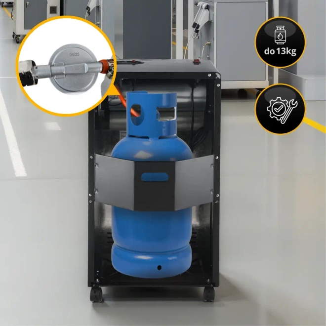 Piecyk gazowy na butlę 2w1 elektryczny grzejnik 5,8kW farelka reduktor 84m² - Szybki dostęp do butli od tyłu – łatwa wymiana i obsługa.