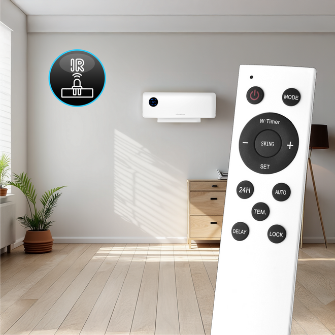 Grzejnik elektryczny SwingAir kurtyna powietrzna 2000W PTC mocna farelka - Pilot zdalnego sterowania do grzejnika – kontrola temperatury i trybów z kanapy.