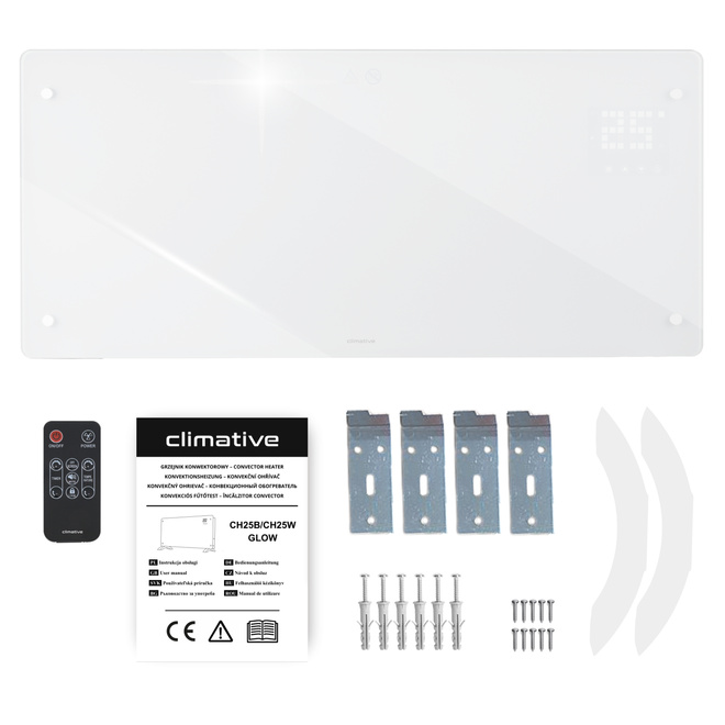 Biały Szklany Grzejnik Konwektorowy CH-25W Glow - Możliwość montażu ściennego lub wolnostojącego – nóżki w zestawie.