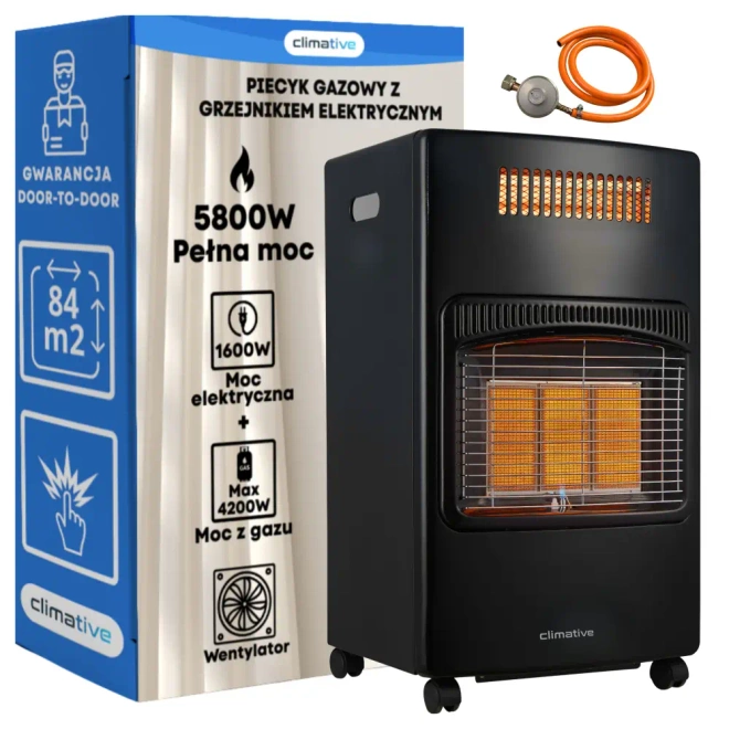 Piecyk gazowy na butlę 2w1 elektryczny grzejnik 5,8kW farelka reduktor 84m² - Zabezpieczenie przed przegrzaniem – automatyczne odcięcie przy zbyt wysokiej temp.