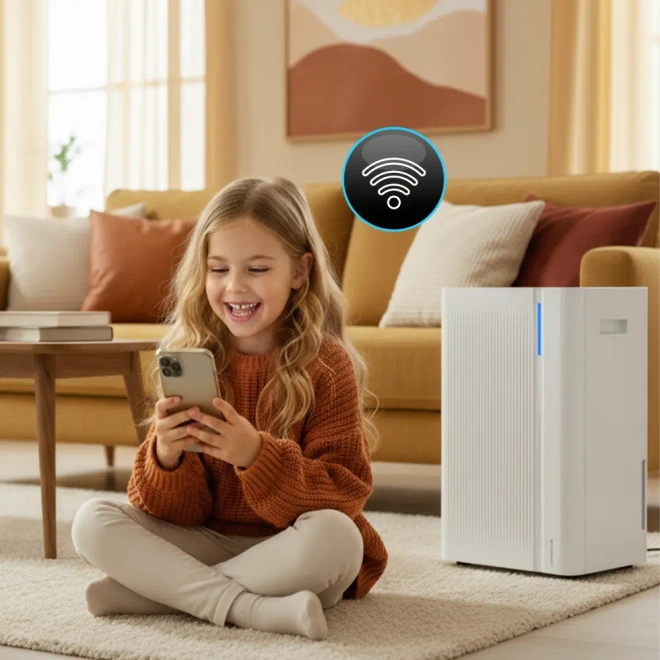 Osuszacz Powietrza Climative DH-20 Cube ION Pochłaniacz Wilgoci 20L WIFi - Urządzenie 20 l/dobę do sypialni i salonu, głośność ≤41 dB, delikatny szum pracy.