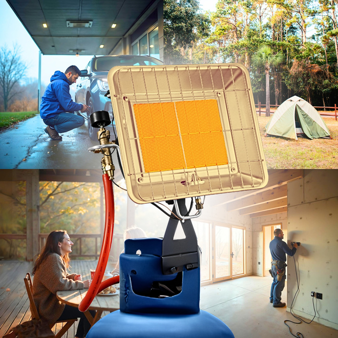 Promiennik gazowy słoneczko 4,5 kw uchwyt na butlę zapalnik PIEZO reduktor - Ogrzewacz „słoneczko” 4,5 kW z uchwytem na butlę, regulacja 2,5–4,5 kW