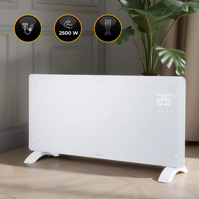 Biały Szklany Grzejnik Konwektorowy CH-25W Glow - Timer 24 h – ustaw czas pracy i ciepło dokładnie wtedy, gdy chcesz.