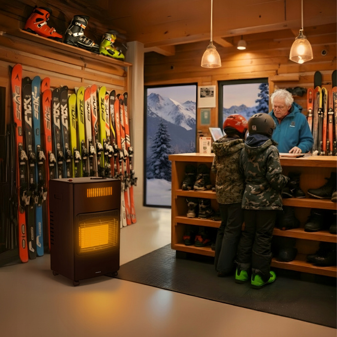 Piecyk gazowy na butlę 2w1 elektryczny grzejnik 5,8kW farelka reduktor 84m² - Wbudowany termowentylator – równomierne rozprowadzanie ciepła.