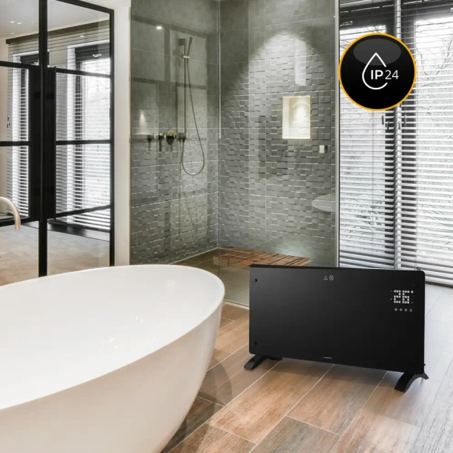 Grzejnik elektryczny szklany konwektorowy Glow 2500W LED WiFi Tuya czarny - Trzy tryby: komfortowy, ekonomiczny i antyzamarzaniowy.