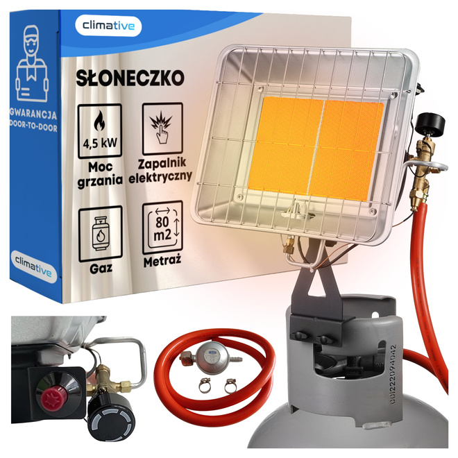Promiennik gazowy słoneczko 4,5 kw uchwyt na butlę zapalnik PIEZO reduktor - Promiennik gazowy 4,5 kW na butlę z zapalnikiem PIEZO i reduktorem