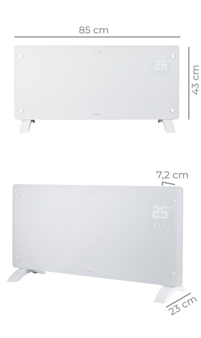 Biały Szklany Grzejnik Konwektorowy CH-25W Glow - Grzejnik panelowy o wymiarach 85 × 43 × 7 cm – smukła i nowoczesna forma.